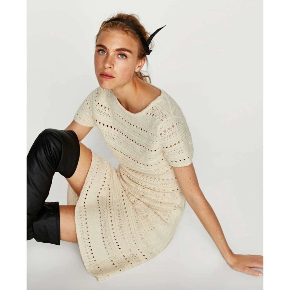 ZARA Ecru Crochet Knit Short Sleeve Dress Chic Large